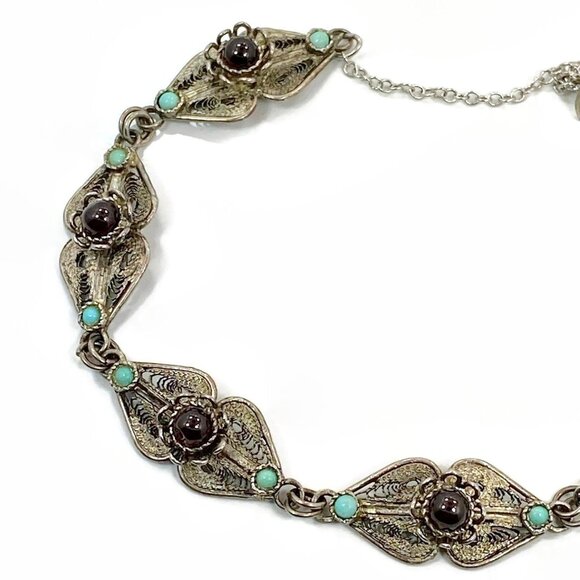 Cannetille Bracelet, Garnet,Sterling Silver, Israel, Wire Work, Filagree, Vintag - Picture 1 of 5
